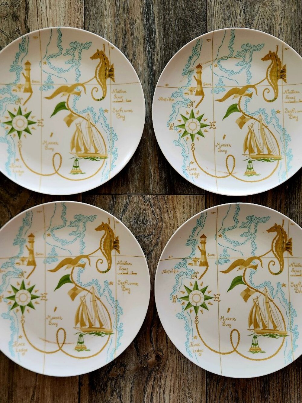 vintage melamine dishes nautical seahorse Boontonware set of 4